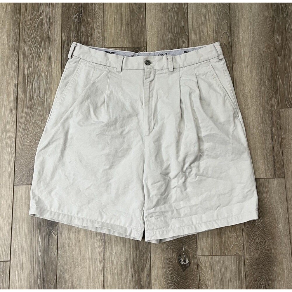 PING 100% Cotton Cream Chino Golf Shorts Mens Sz 36 Slash Pockets Canvas